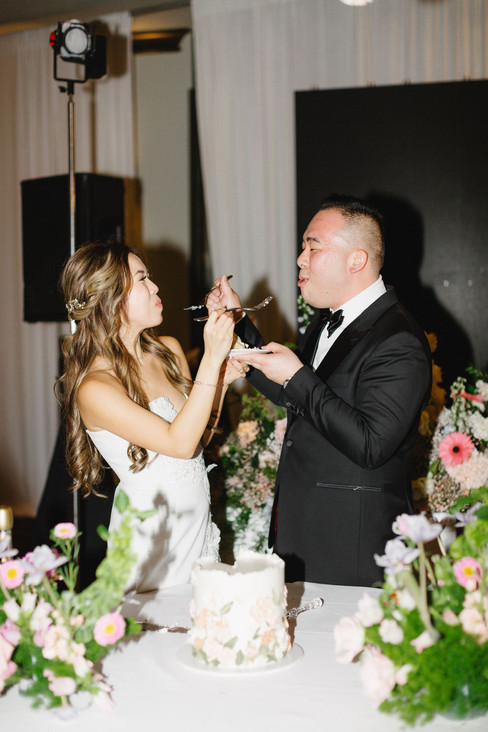 bride and groom cutting cake at wedding reception