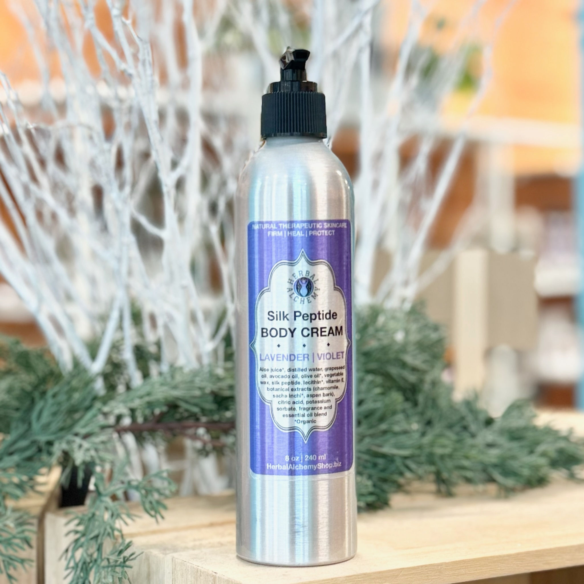 Silver bottle silk peptide body cream lavender violet