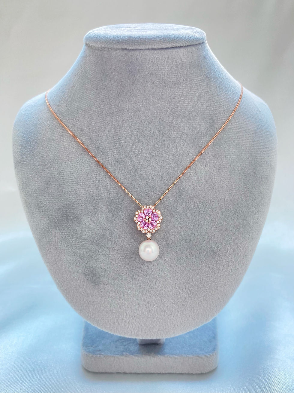 Pink Sakura Heart Sapphires & Akoya Pearl Diamonds Pendant Necklace