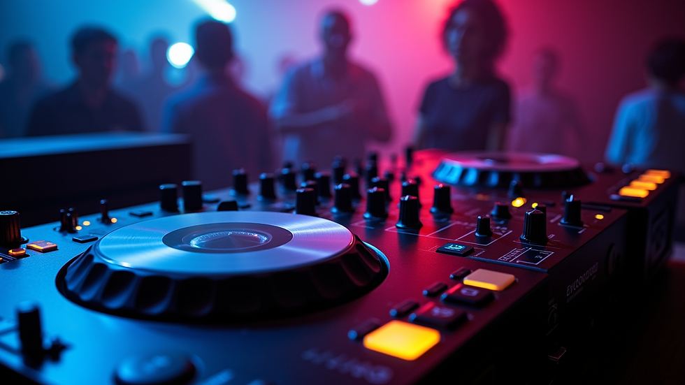 Eye-level view of DJ booth with professional sound equipment