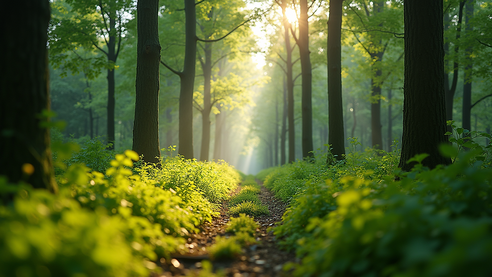 Eye-level view of a vibrant green forest with sunlight filtering through trees