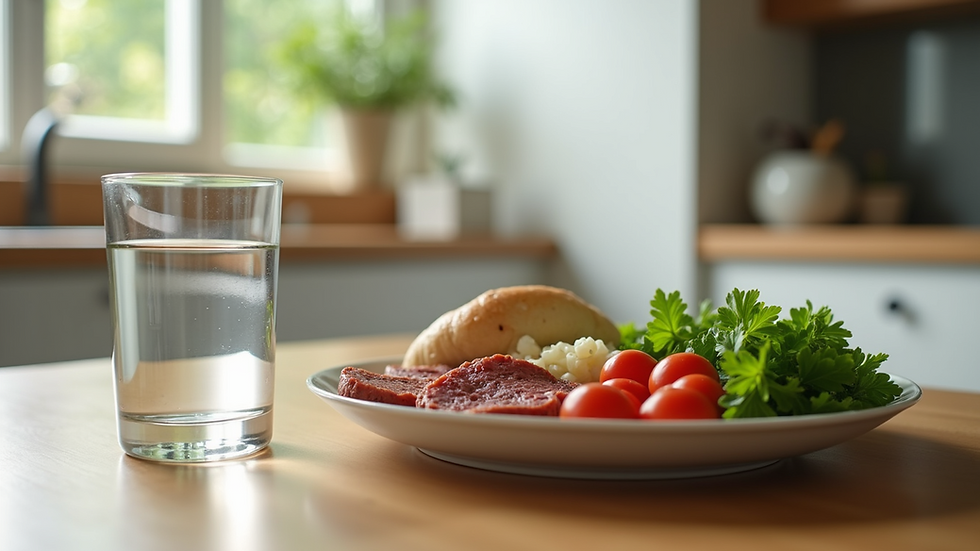 Eye-level view of a kitchen table with a healthy meal and a glass of water