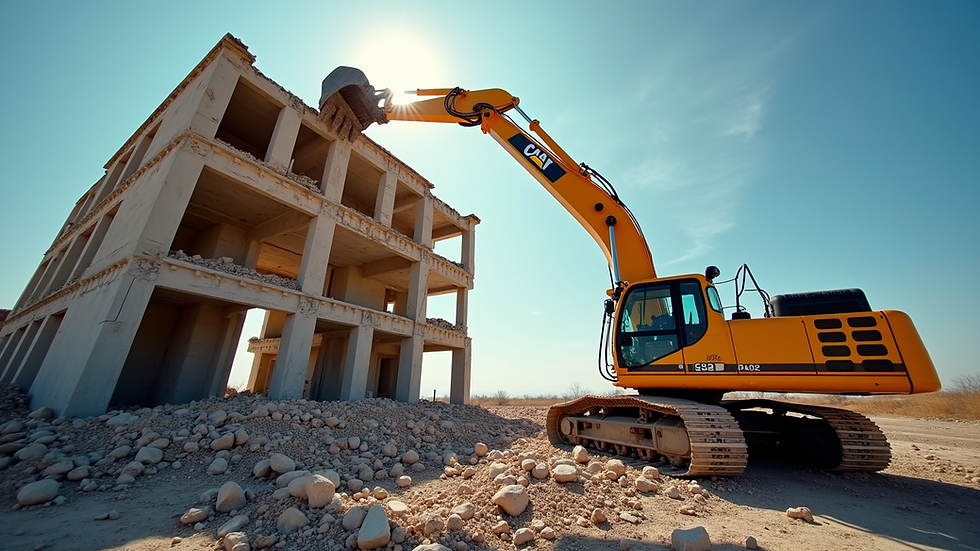Eye-level view of excavator demolishing a building structure