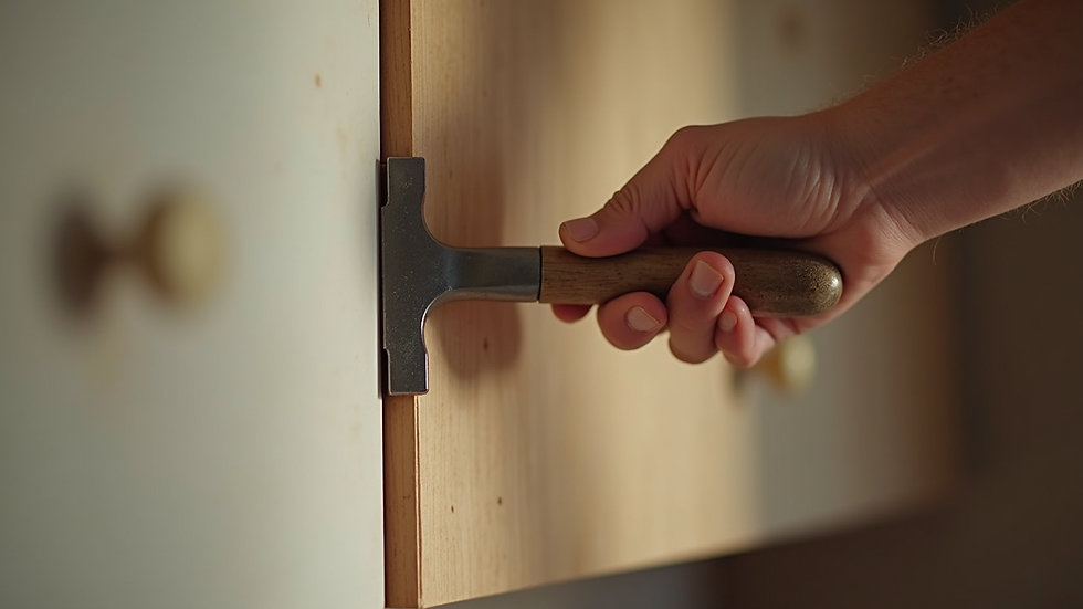 Close-up of hand using crowbar to remove kitchen cabinet