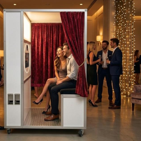 Retro enclosed booth built on a solid platform for events and permanent install