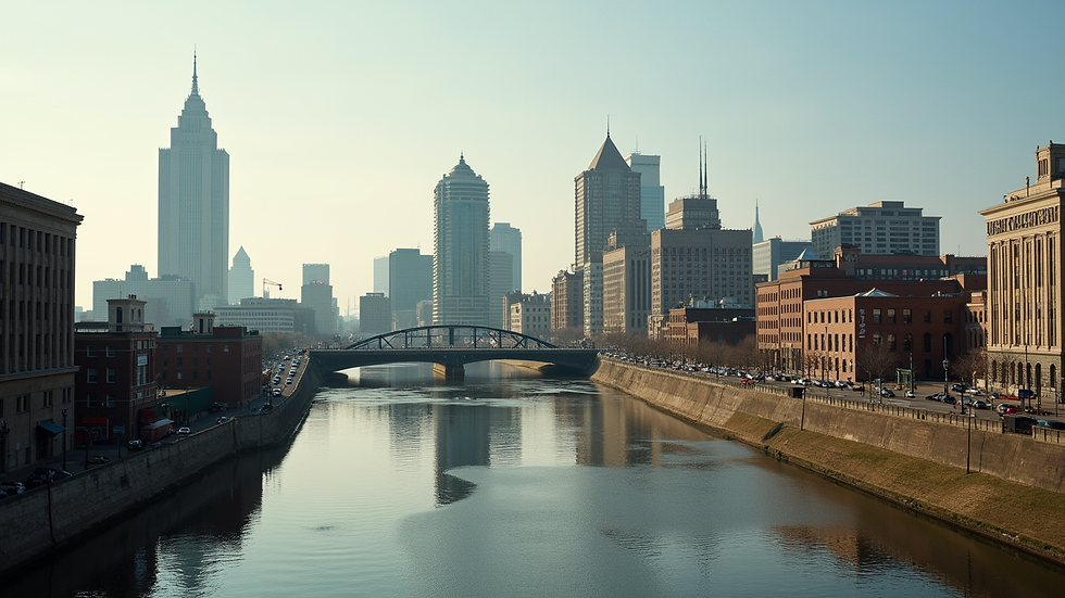 Close-up view of a cityscape of Evansville Indiana with buildings and river