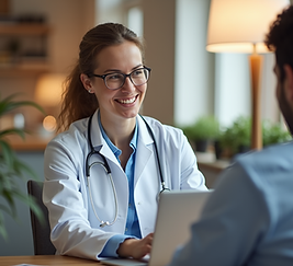 A warm, inviting image of a healthcare professional consulting with a patient via video ca