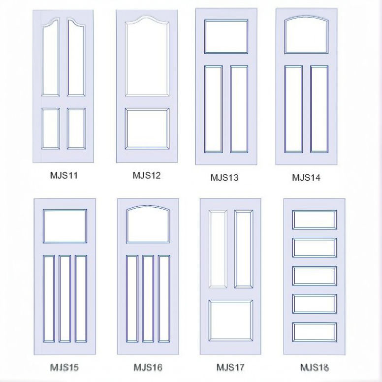 Eight white door designs with various panel styles.