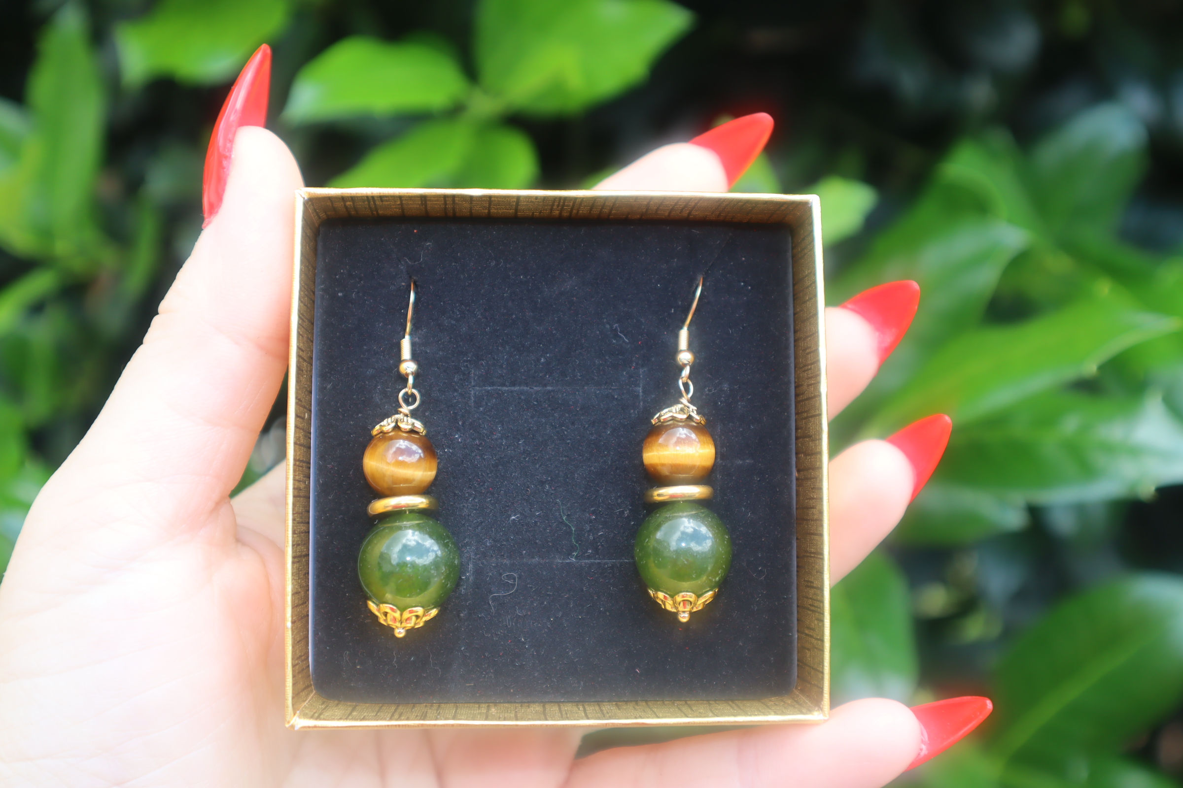 Imperial Jade and Tiger’s Eye Earrings with gold accents