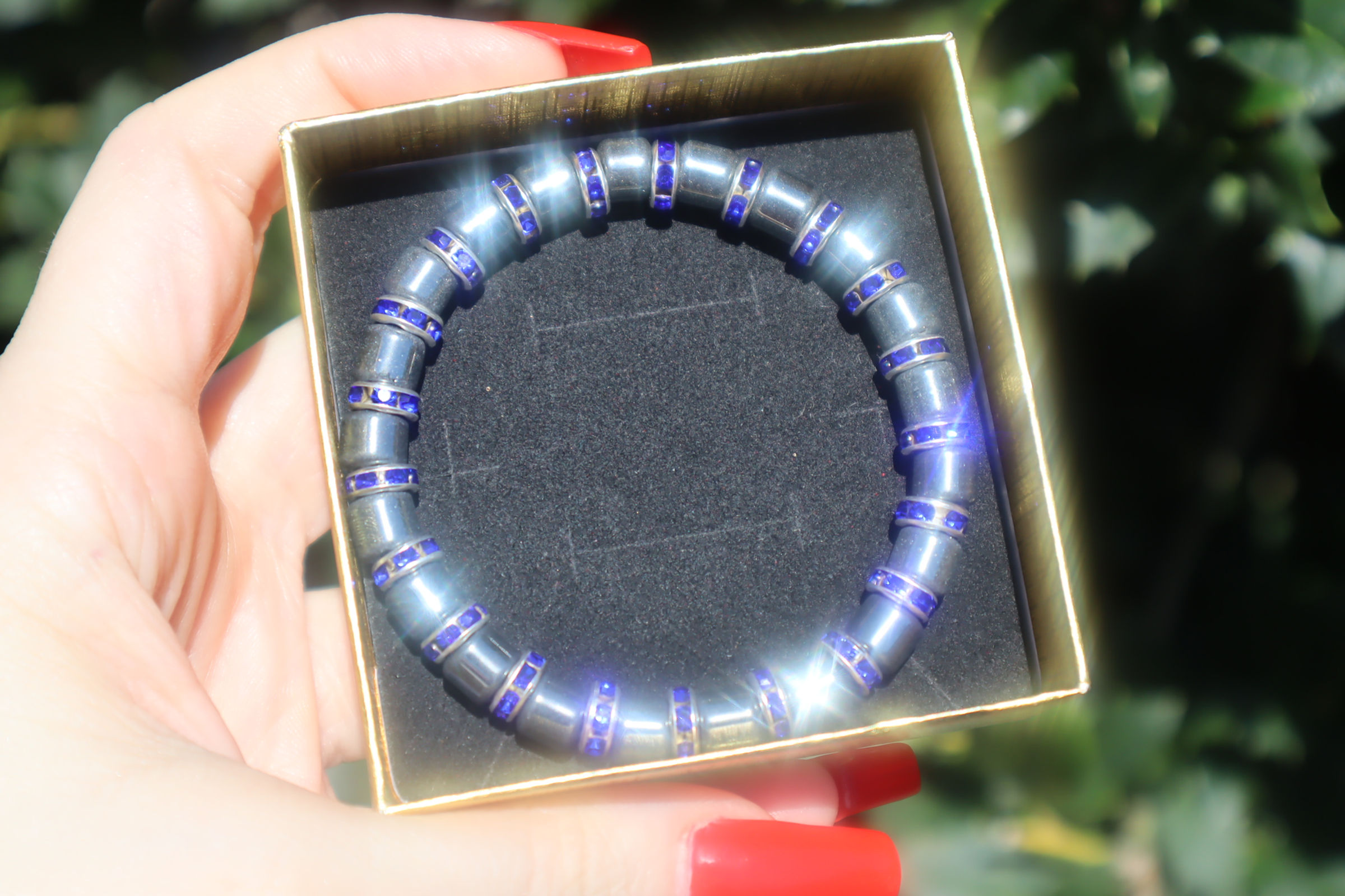 Hematite Bracelet with Blue Crystals