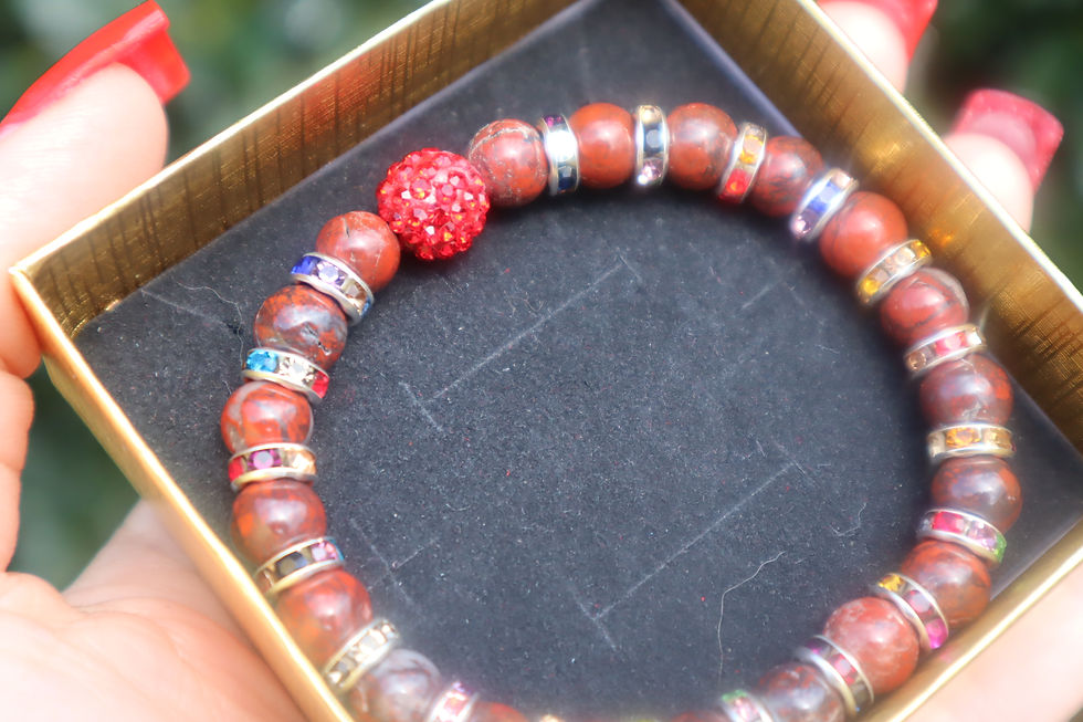 Thumbnail: Natural Red Jasper Bracelet 8mm  with red charm and crystals