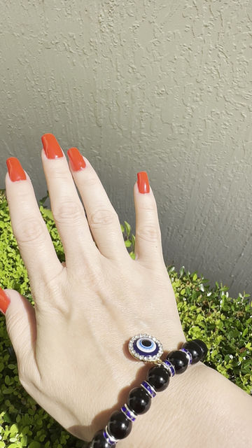 Thumbnail: Shield of Light” – Obsidian Evil Eye Bracelet with Blue Crystal Accents (10mm)