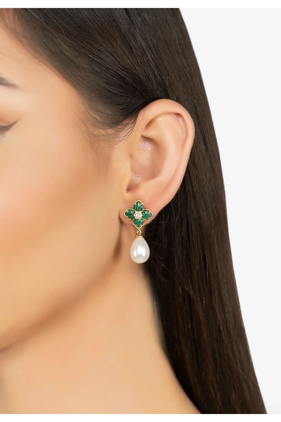 Thumbnail: Flower Clover Pearl Drop Earrings Malachite Gold