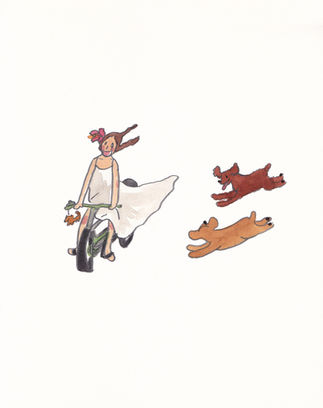 Hand-drawn illustration of a bicycle ride with dogs, using watercolor.