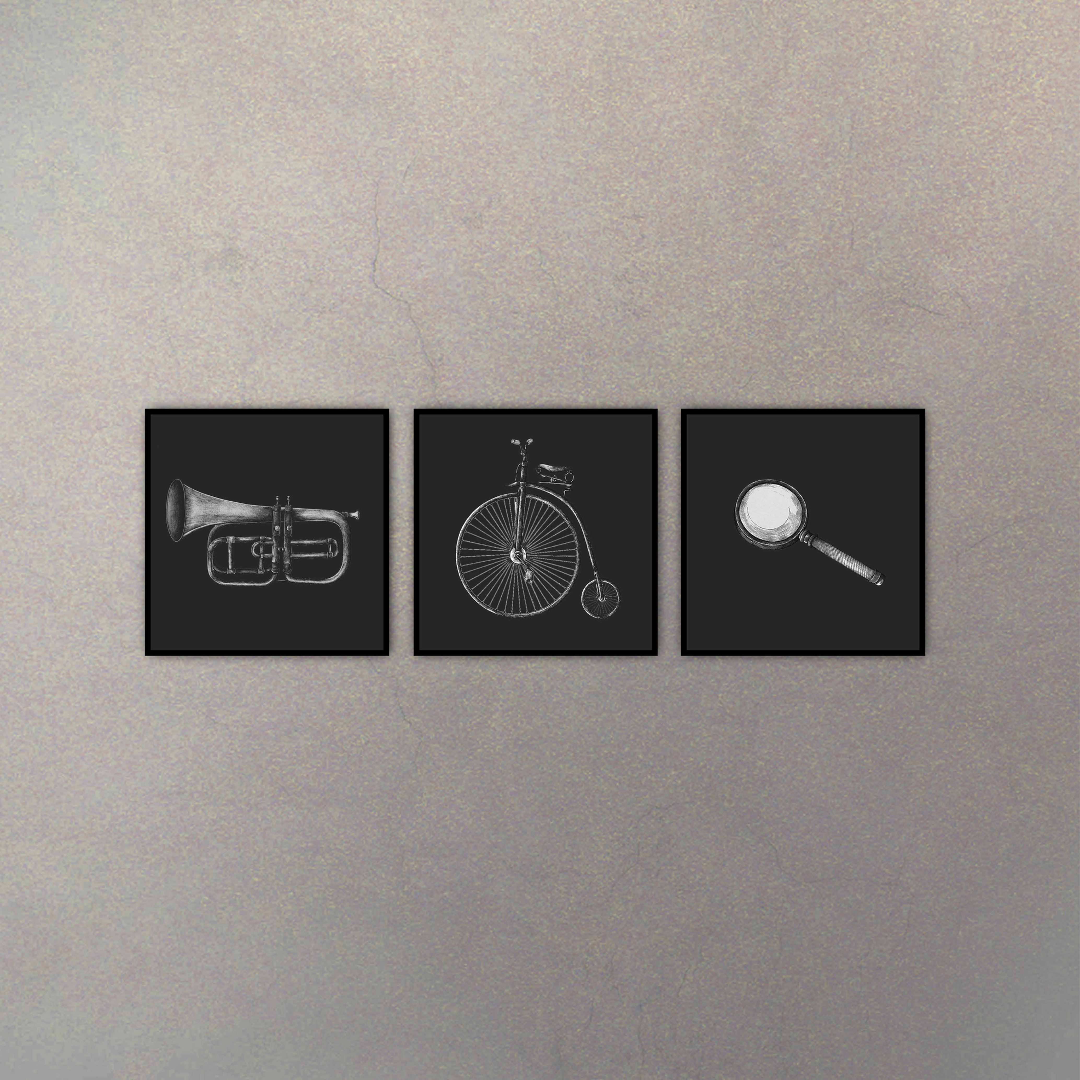 Set Objetos Clásicos Blanco & Negro (3 Cuadros)