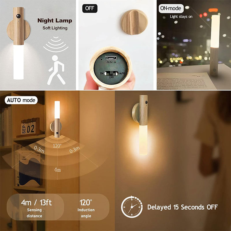 Thumbnail: Rechargeable LED Motion Sensor Wooden Wall Light Glass Wood Design For Indoor