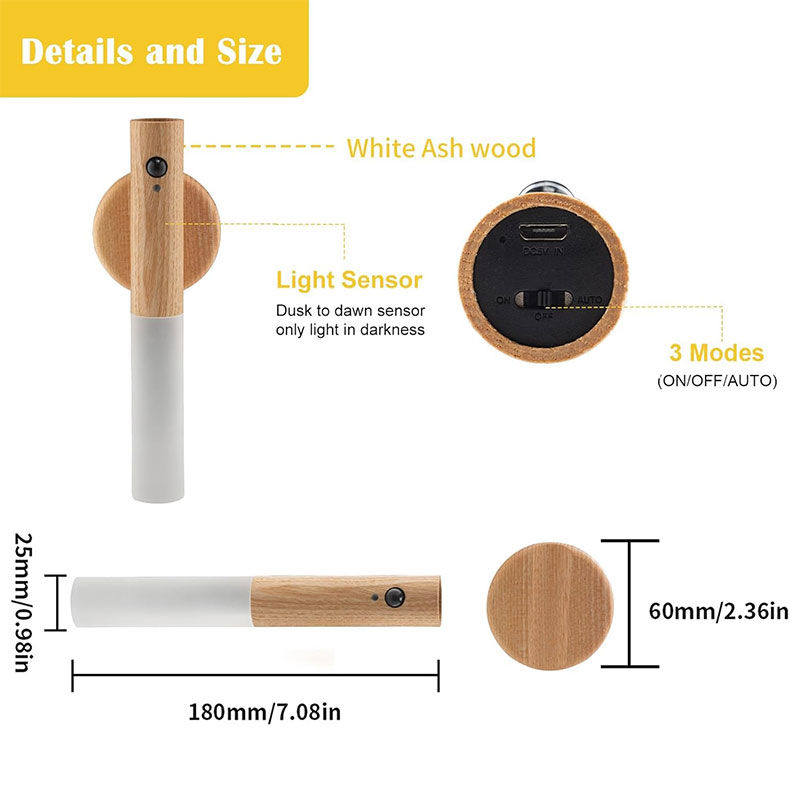Thumbnail: Rechargeable LED Motion Sensor Wooden Wall Light Glass Wood Design For Indoor