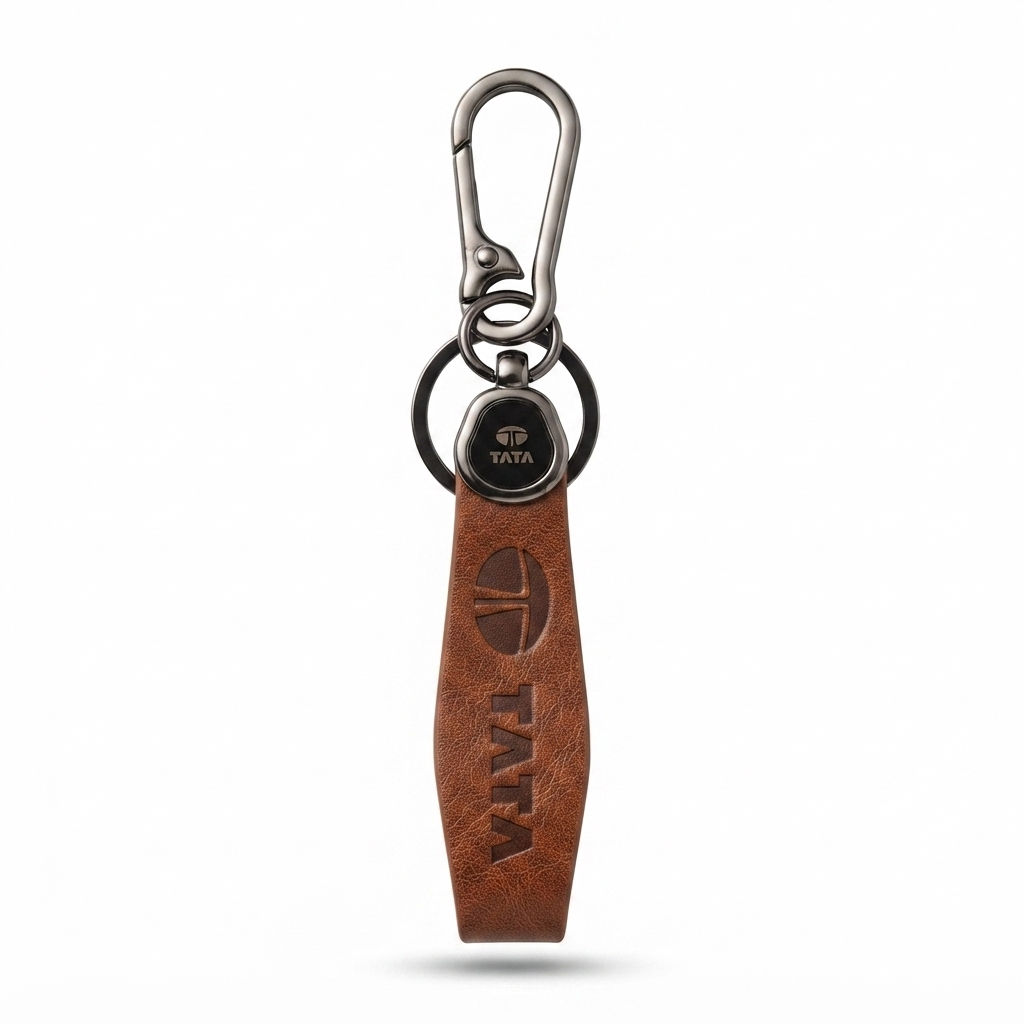 Tata Leather Brown Keychain with Metal Hook