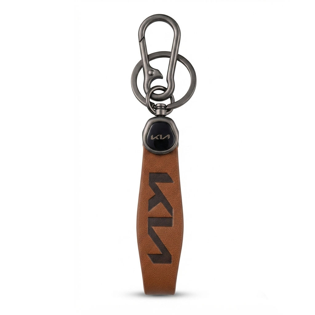 Kia Leather Brown Keychain with Metal Hook | Simple Electronics