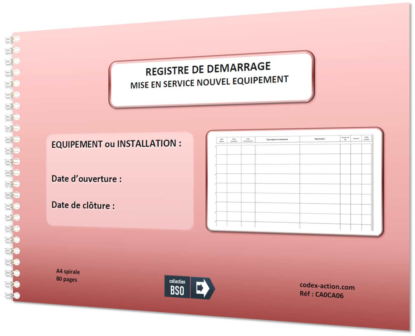 Registre de Démarrage Mise en service nouvel équipement A4 spirale 80 pages