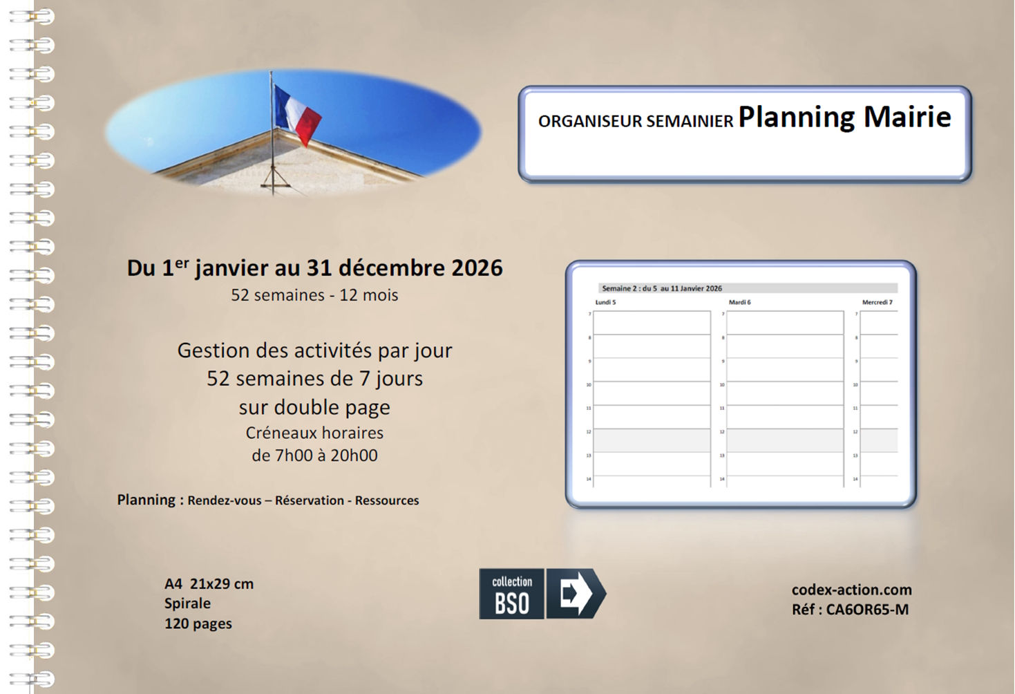 Organiseur semainier Planning Mairie 2026 A4 spirale 120 pages