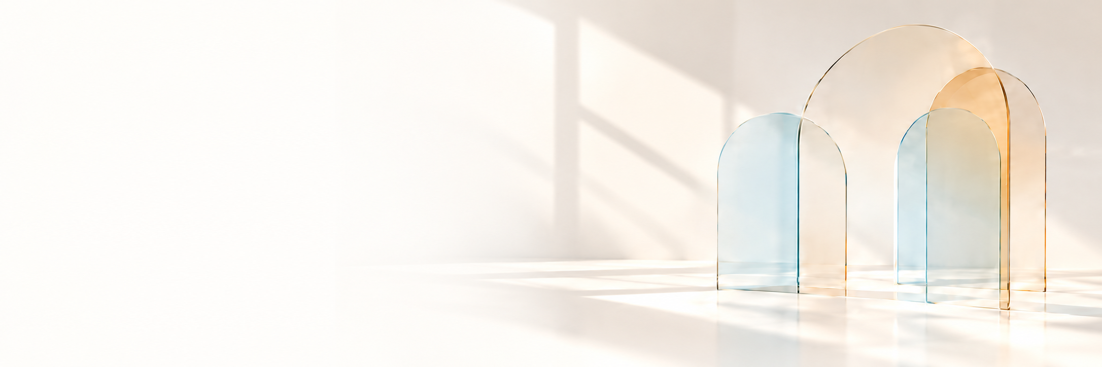 Translucent blue and amber arches in a softly lit ivory room