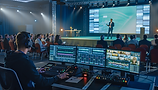 Live streaming operator at production desk managing hybrid corporate event with audience and presenter on stage London