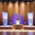 A professional corporate stage setup with a clean, modern design. The scene includes a sle
