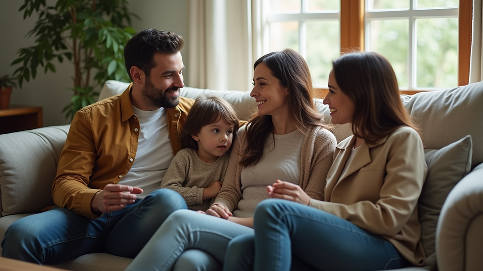 High angle view of a family sitting together on a couch, engaged in conversation