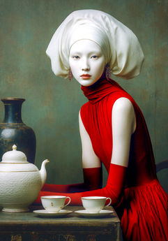 Surreal portrait of a woman in a red dress and sculptural white head covering seated beside a teapot and two teacups.