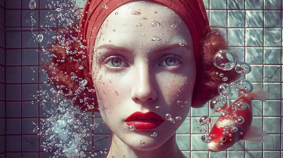 Surreal portrait of a woman in a red head covering surrounded by water bubbles and a red and white fish.
