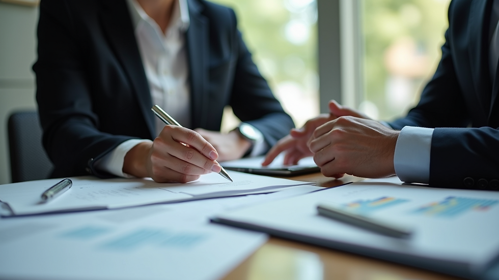 Close-up view of a financial advisor discussing documents with a client