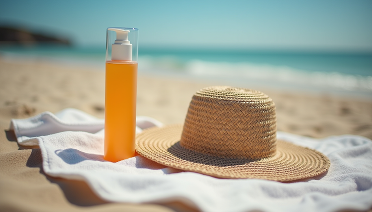 High angle view of natural sunscreen and a straw hat on a beach towel