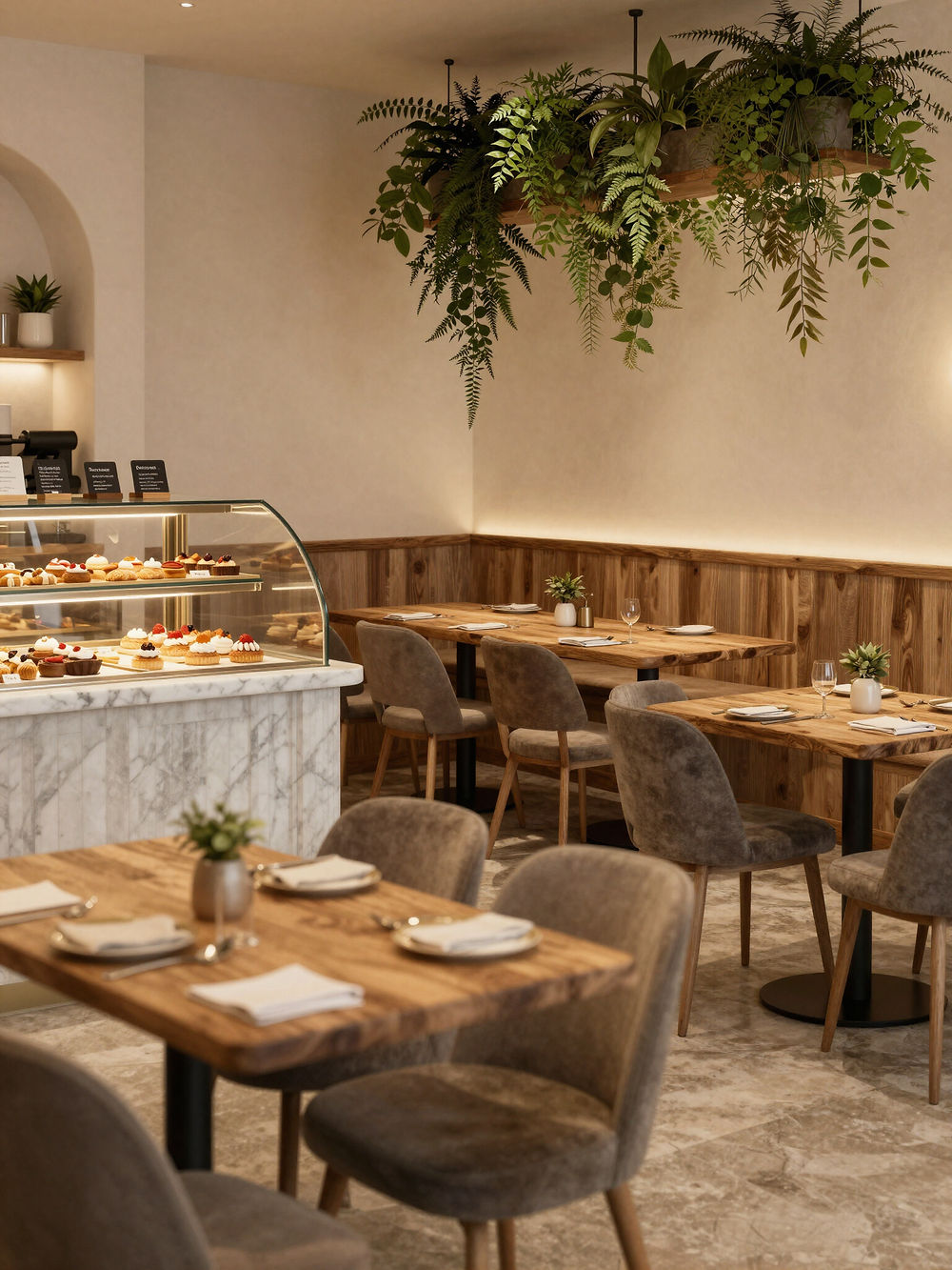 Cozy cafe interior with pastry display and wooden tables