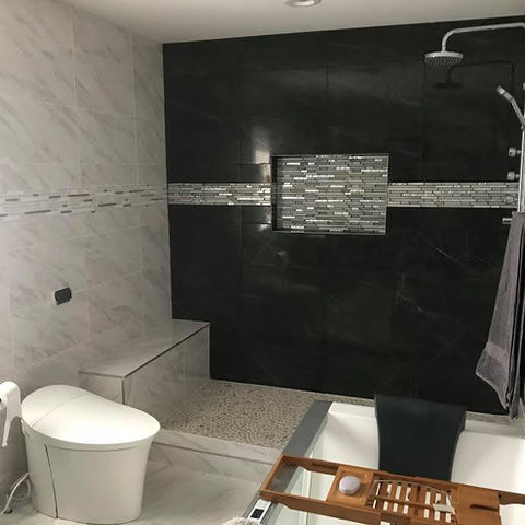 black shower tile, black accent tile in shower, master bathroom, toto toilet, bathroom renovation, master bathroom renovation, toto toilet