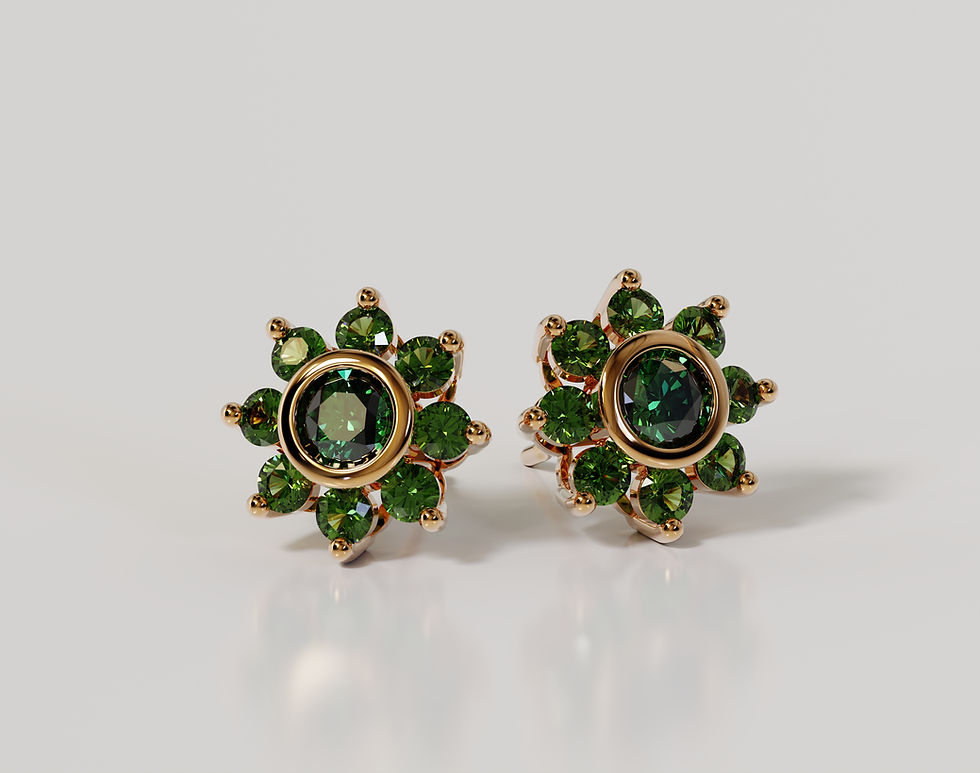 Thumbnail: Tsavorite flower earrings with vivid green gemstones surrounding round center stones