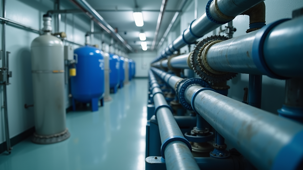 Close-up view of industrial water purification system with pipes and tanks