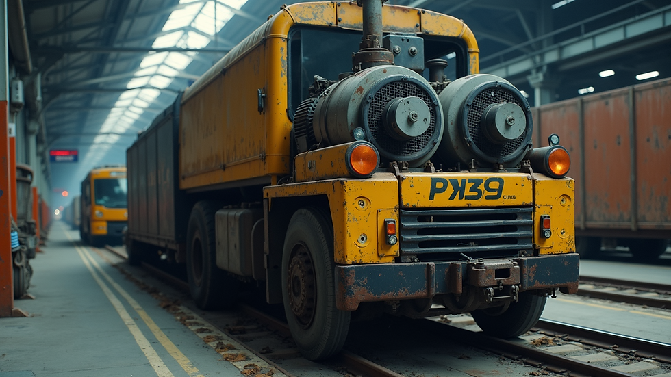 Close-up view of a motorized trolley carrying heavy industrial equipment
