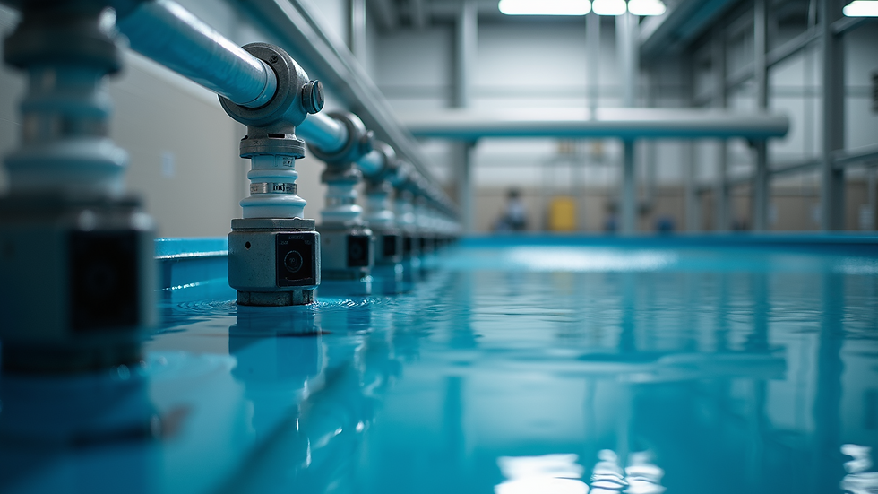 Eye-level view of industrial water treatment plant with ozone injection system