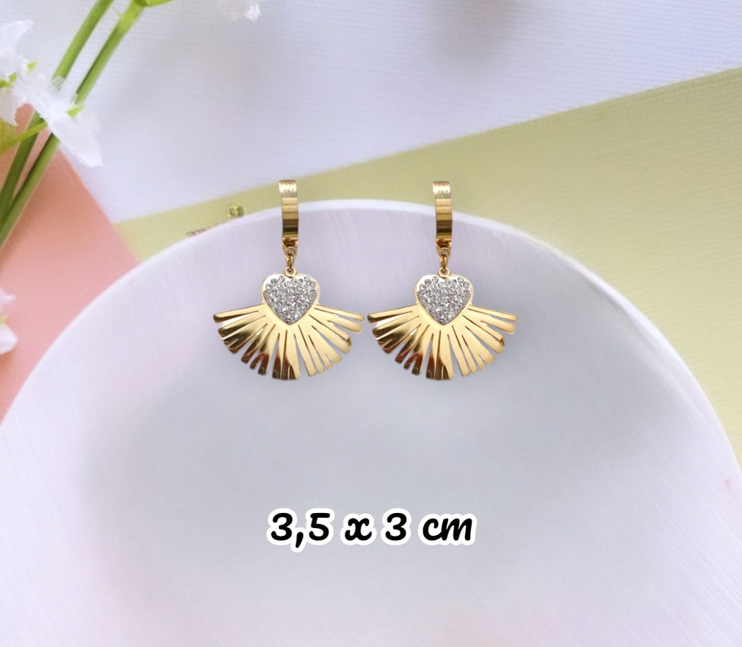 Çelik Gold Renk Zirkon Taşlı Yelpaze Küpe