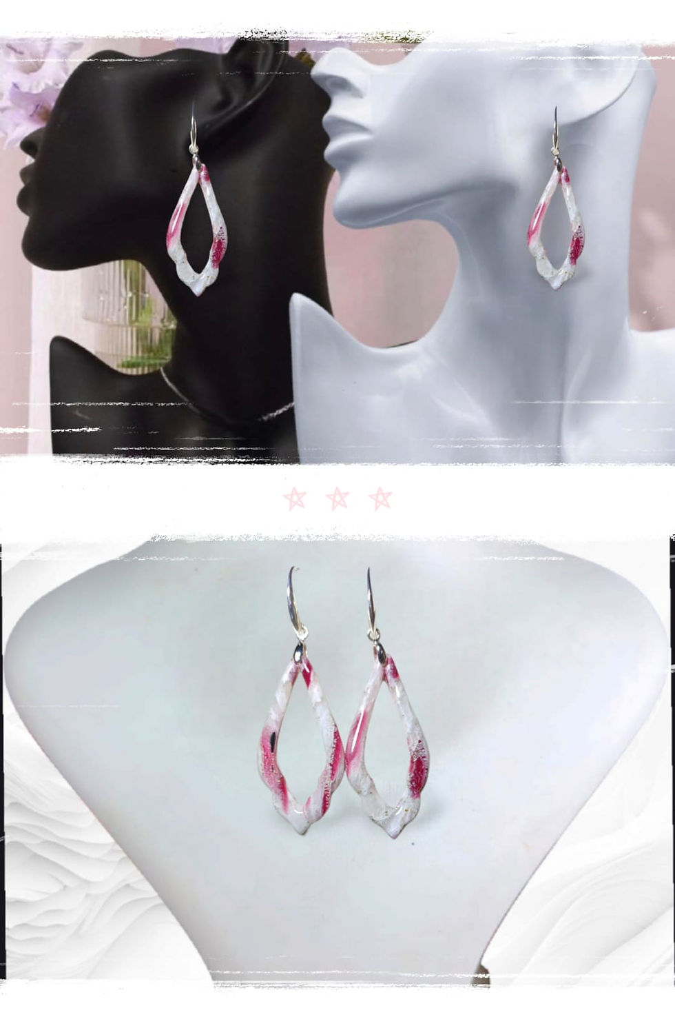 Beyaz - Bordo Polimer Kil & Epoksi Tasarım Küpe