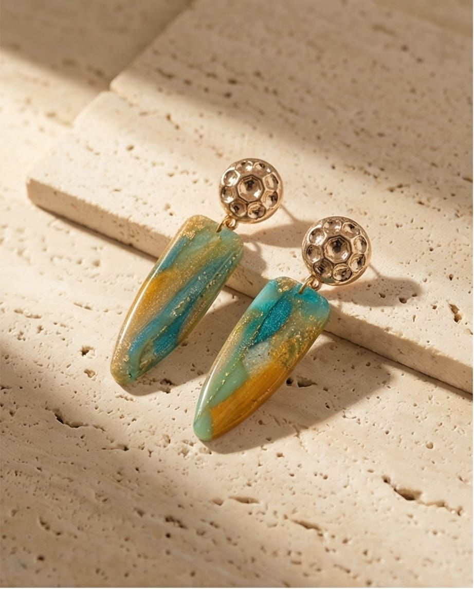 Yeşil Turuncu Galaksi Polimerkil El Yapımı Tasarım Küpe ( aparat paslanmaz çelik