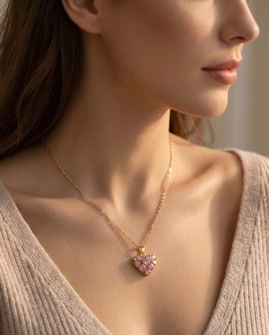 Pembe Zirkon Taşlı Kalp Gold Çelik Kolye