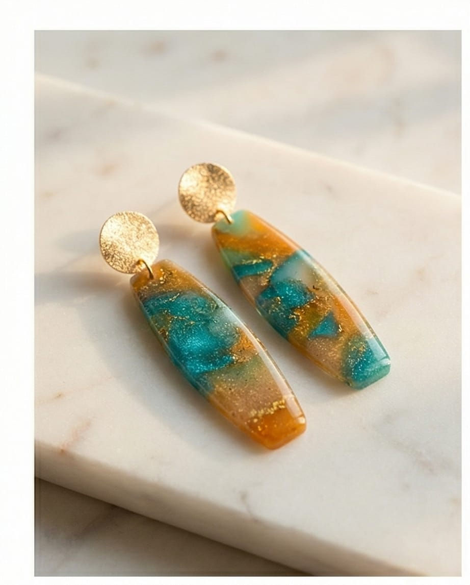 Yeşil Turuncu Galaksi Polimerkil El Yapımı Tasarım Küpe ( aparat paslanmaz çelik