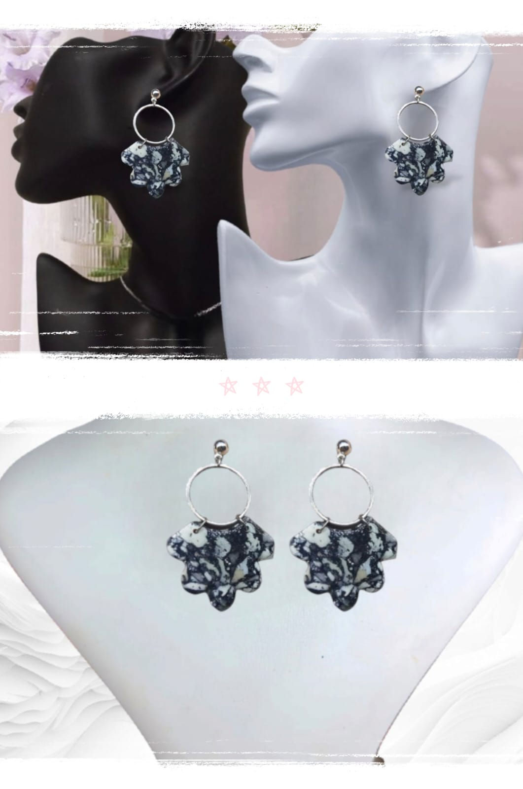 Siyah Mermer Görünümlü Polimerkil &epoksi Sallantılı Tasarım Küpe