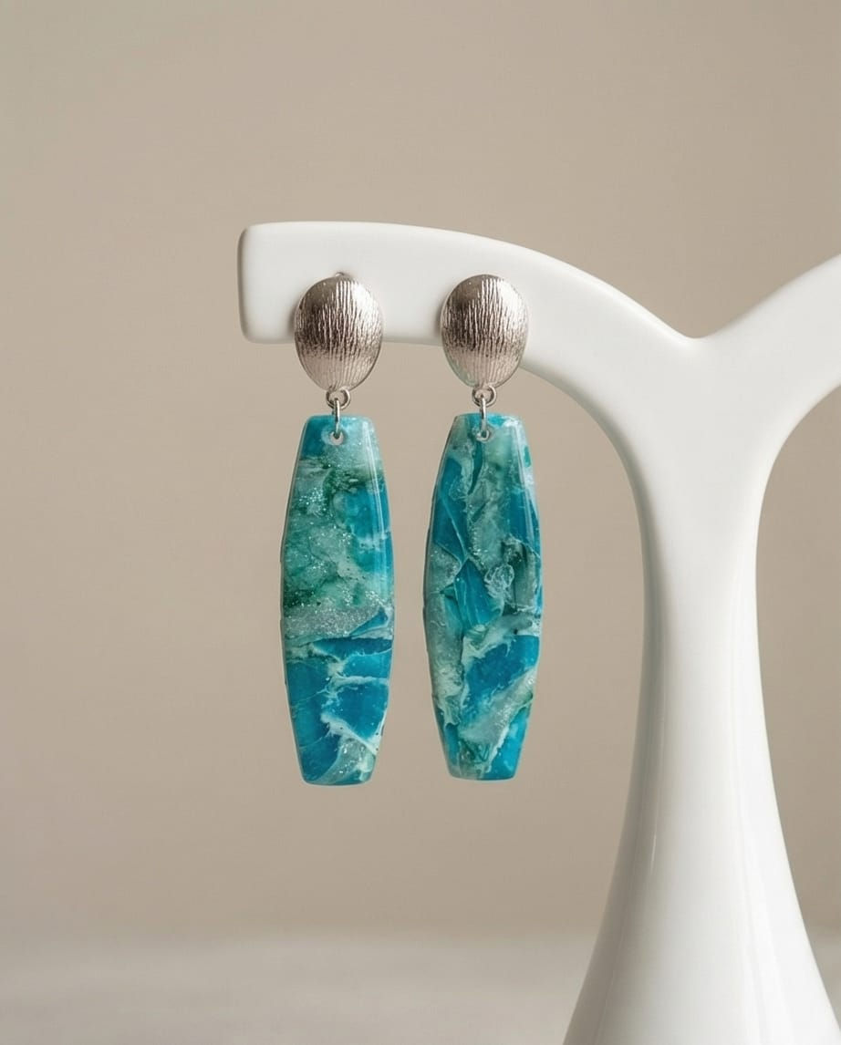 Deniz Dalgalı Polimerkil &Epoksi Tasarım Küpe( çivi paslanmaz çelik) Kop