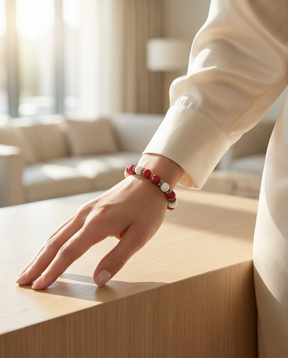 Kırmızı Beyaz Doğal Taş Tasarım Bileklik