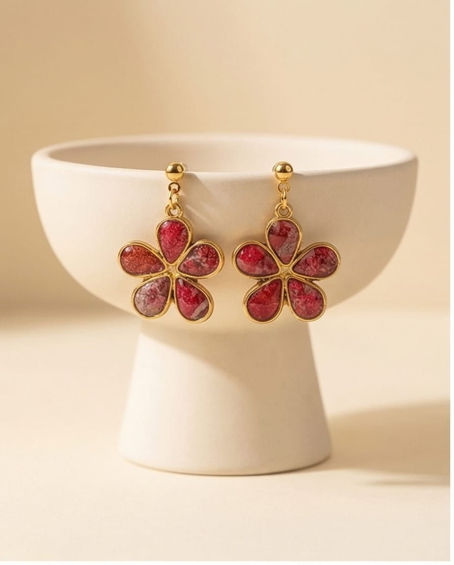 Bordo Papatya Polimerkil &Epoksi Tasarım Küpe( çivi paslanmaz çelik)