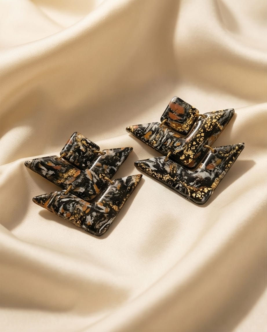 Zigzag Doğaltaş Görünümlü Polimerkil &Epoksi Tasarım Küpe( çivi paslanmaz çelik)