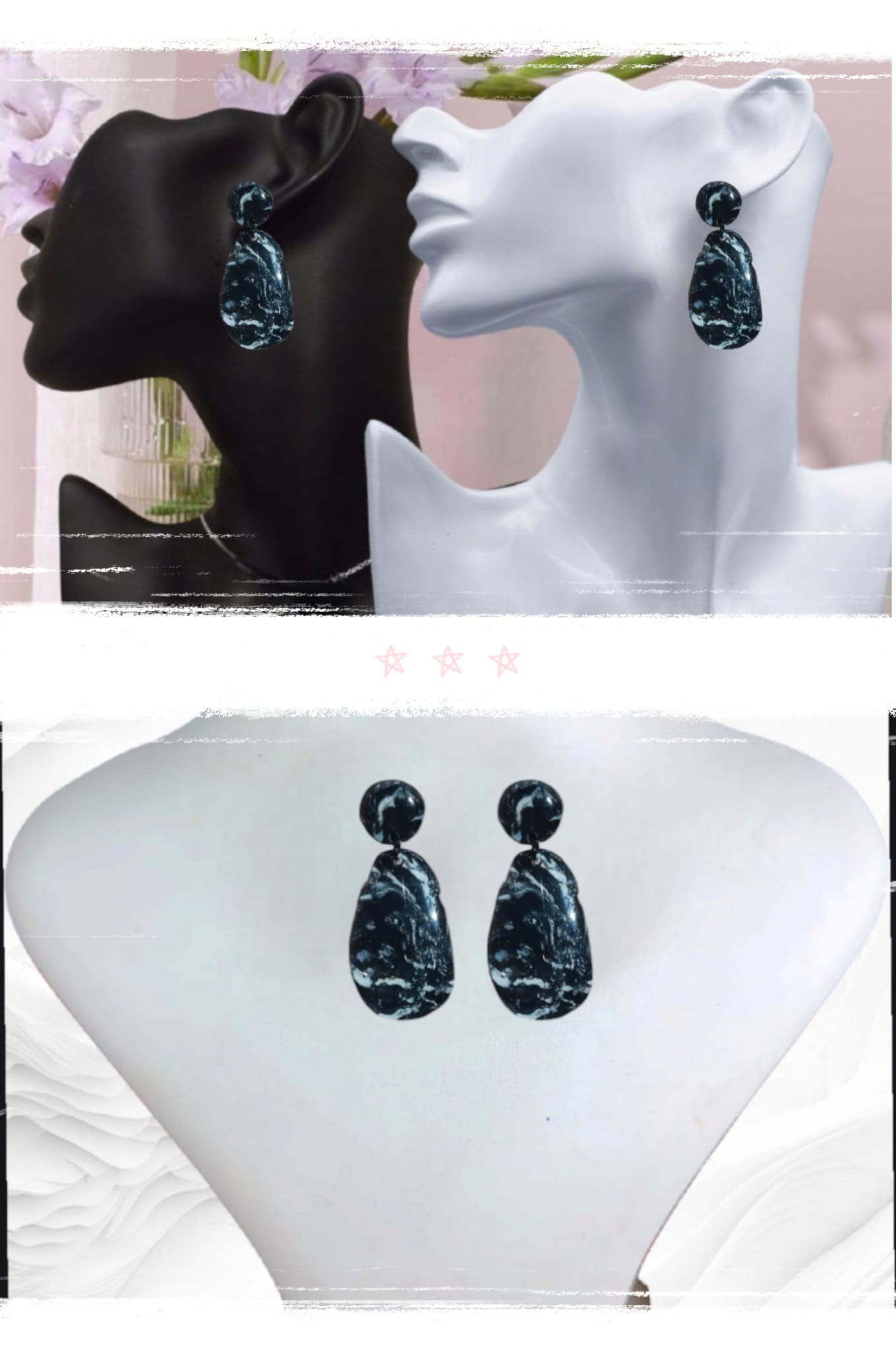 Siyah Mermer Görünümlü Polimerkil &epoksi Çivi Tasarım Küpe